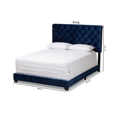 King Navy Velvet Upholstered Bed with Tufted Headboard