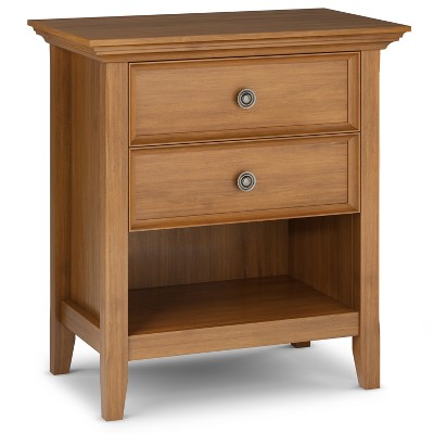 Vynxaria Traditional 2-Drawer Bedside Table - Light Golden Brown (16"D x24"W x26"H), Solid Wood, NC Lacquer, Bronze Pulls, Open Storage