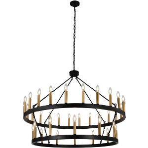 Dewdrop Farmhouse 36 Light Wagon Wheel Chandelier 47 inch 2 Tier Black Gold Socket Large Fixture E12 - 1 of 4