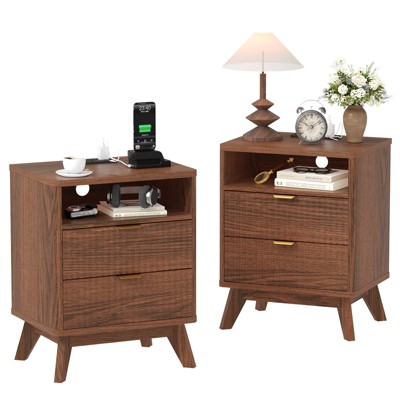 Modern Bedroom Nightstand With 2 Drawers, Wooden Sofa Side Table with Storage, Accent Bedside Table for Small Space, Narrow End Table