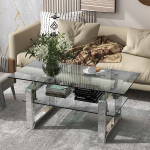Gulches 39.4" Transparent Tempered Glass Coffee Table - 2-Tier Mirror Design with Storage, Smooth Angular-Free Safe Structure, Sturdy Metal Legs - 1 of 4