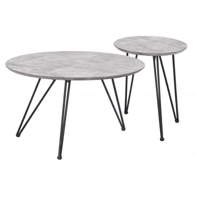 Gray Faux-Concrete Top Coffee Table Set 16.9" & 20.9" H, (2-Piece), Black Powder-Coated Steel Frames By Zou Modern