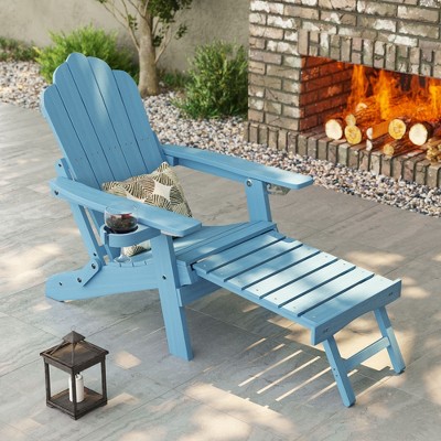 Sonkuki Folding Adirondack Chair with Retractable Ottoman, Fire Pit Patio Chair with Cup Holder Lawn Outdoor Lounge Chair
