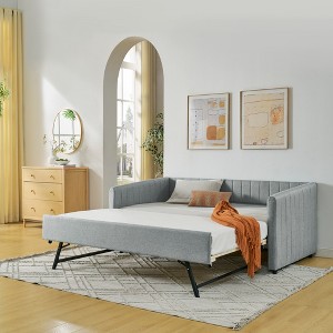Twin Size Upholstered Daybed with Trundle and Vertical Stripes for Bedroom or Guest Room - 1 of 4