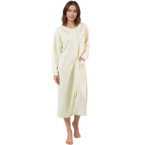 YafeMarte Women’s Long Sleeve Quilted Fleece Button-Front Nightgown with Embroidered Floral Design - 1 of 4