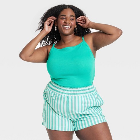 Ribbed Knit Seamless Spaghetti Strap Cropped Cami Tank Top (Green Mint, LXL)