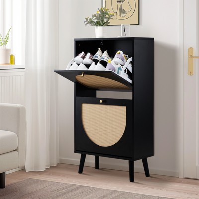 KTMBDW Shoe Rack Storage Organizer with 2 Natural Semi-Circular Rattan Doors, Entryway Wooden Shoe Cabinet for Sneakers, Leather Shoes, High Heels