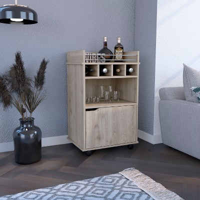 Vynxaria 35" H Bar Cart, Light Pine Finish, Two Shelves, Four Wine Cubbies, One Cabinet