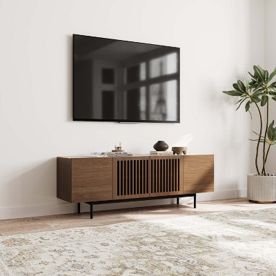 POVISON Mid-Century Modern TV Stand with Sintered Stone, Minimalist Wood Media Console with Slatted Cabinet