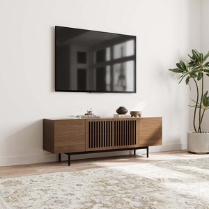 POVISON Mid-Century Modern TV Stand with Sintered Stone, Minimalist Wood Media Console with Slatted Cabinet - 1 of 4