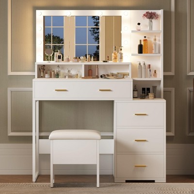 Vanity Desk, Makeup Vanity Desk with Mirror & 9 LED Light Bulbs, 5 Large Drawers and 3 Tiers of Open Shelves for Bedroom