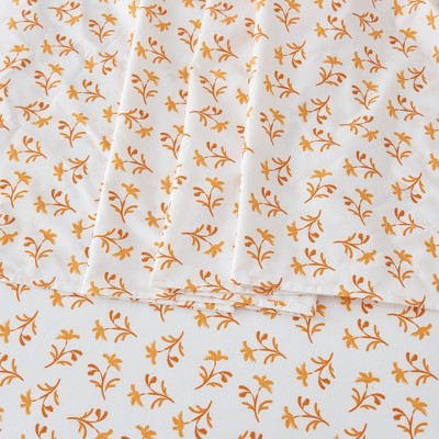 Twin Size White and Orange Floral Microfiber Sheet Set