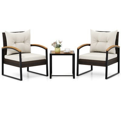 Tangkula 3PCS Patio Wicker Furniture Set PE Wicker Furniture Conversation Set w/ Acacia Wood Table