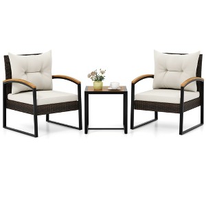 Tangkula 3PCS Patio Wicker Furniture Set PE Wicker Furniture Conversation Set w/ Acacia Wood Table - 1 of 4