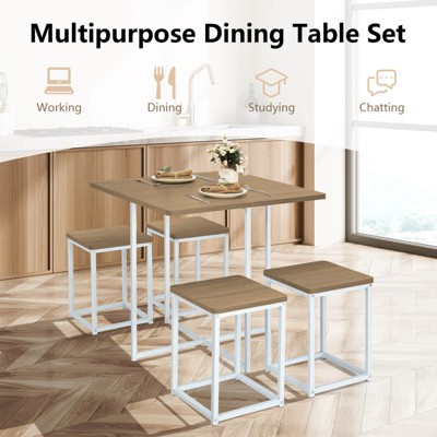 Natural Wood and White Compact Dining Table Set with 4 Stools