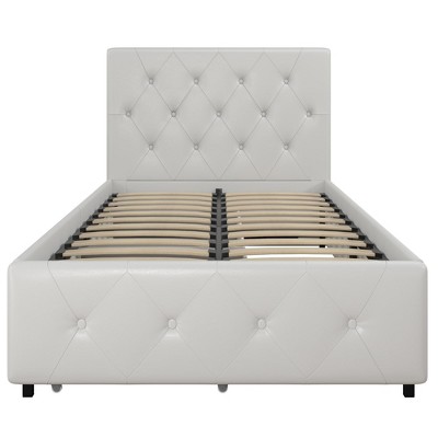 Twin White Upholstered Platform Bed with Storage Drawers