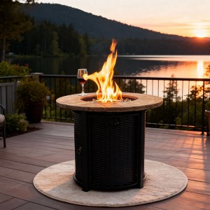 30" Propane Gas Fire Pit Table, 50000 BTU Round Outdoor Fire Pit with Wood Grain Steel Design, Patio Propane Table for Backyard, Deck, Garden – Black - 1 of 4