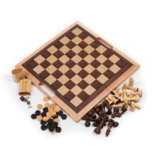 Toy Time Deluxe Wooden 3-in-1 Chess, Backgammon, And Checkers Set