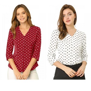 INSPIRE CHIC Women's Polka Dots 3/4 Sleeve Casual Button Front Shirt 2 Pieces - 1 of 4