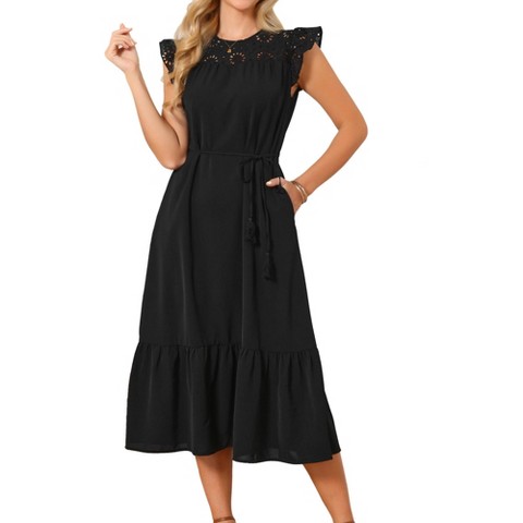 Женские платья INSPIRE CHIC Women's Summer Eyelet 2026 Ruffle Sleeve Crew Neck Tiered A Line Midi Dresses Large Black