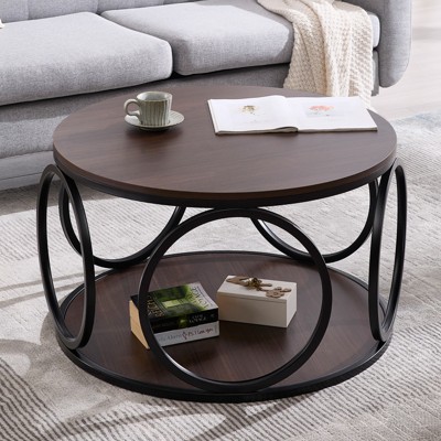 Bekrvio 31.5" 2 Tier Industrial Round Coffee Table, Modern Round Wood Coffee Table with Sturdy Circle Metal Frame for Living Room, Walnut