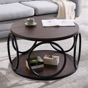 Bekrvio 31.5" 2 Tier Industrial Round Coffee Table, Modern Round Wood Coffee Table with Sturdy Circle Metal Frame for Living Room, Walnut - 1 of 4