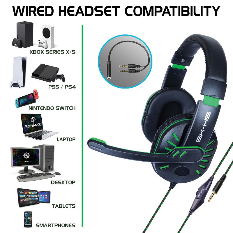 ENHANCE Infiltrate™ Stereo Gaming Headset with Rotating Microphone, Black and Green, GX-H5, 3 of 11
