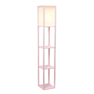 Elegant Light Pink Column Floor Lamp with Linen Shade and Display Shelves