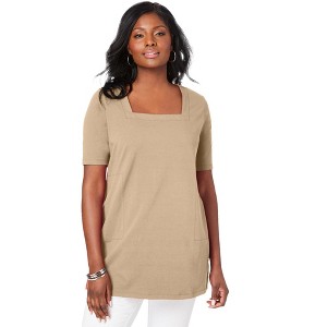 Jessica London Women's Plus Size Stretch Cotton Square Neck Tunic - 1 of 4