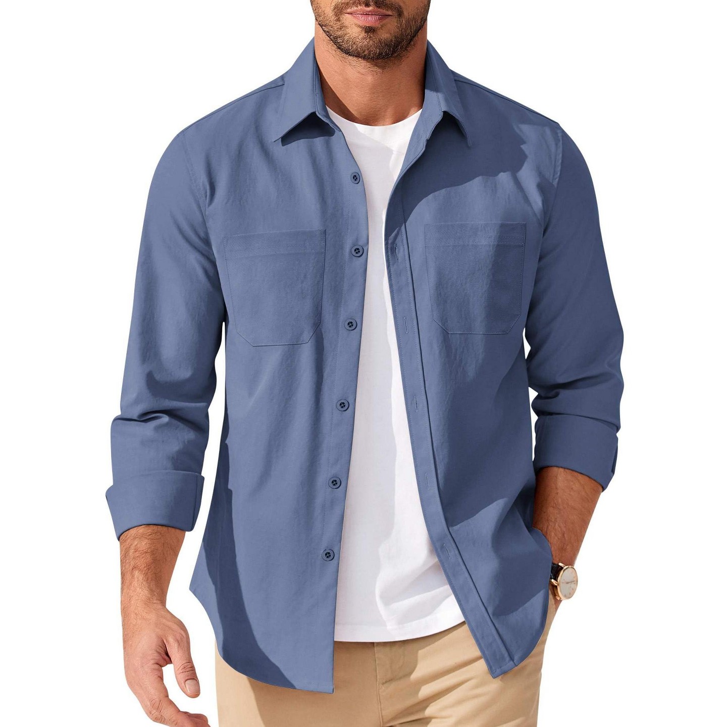 Мужская рубашка COOFANDY Men' s Everyday DenimLook Shirt Long Sleeve Work Pockets Blue, цвет: Синий — фото 1