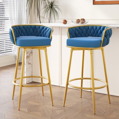 blue Swivel bar height bar stools set of 2, hand woven back and gold metal legs, modern low back upholstered kitchen chair