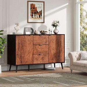 51.2" Farmhouse Sideboard Buffet Cabinet with 3 Drawers, Burl Texture, and Open Shelves, Walnut Finish - 1 of 4