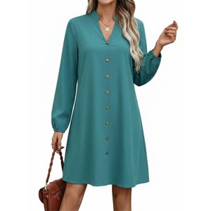 Dresses for Women Long Sleeve V Neck Button Trim T Shirt Dress Business  Casual A Line Mini Shift Dress Green XL : Target