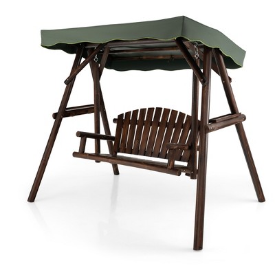 Tangkula 2 Person Wooden Garden Swing Bench Chair w/ Adjustable Cover for Garden Porch