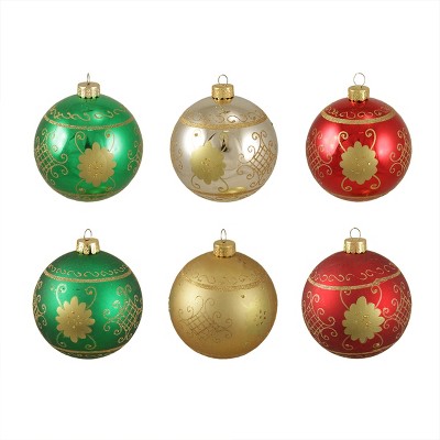 Sterling 6ct Glittered Floral Shatterproof Christmas Ball Ornament Set 3.25" - Green/Red