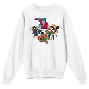 Captain Planet Planeteers Charging Into Action Crew Neck Long Sleeve White Adult Sweatshirt - 1 of 3