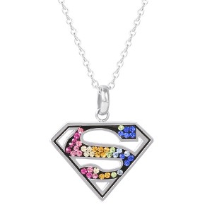 DC Comics Superman Cutout Stainless Steel Rainbow Crystals Emblem Necklace, 18" - 1 of 3