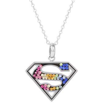 DC Comics Superman Cutout Stainless Steel Rainbow Crystals Emblem Necklace, 18"