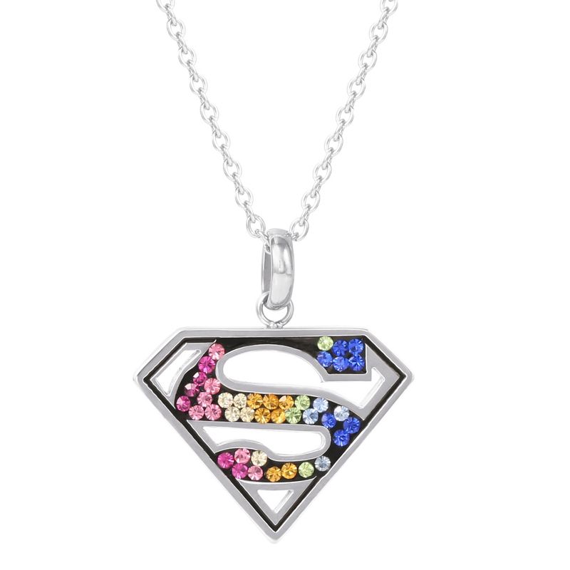 DC Comics Superman Cutout Stainless Steel Rainbow Crystals Emblem Necklace, 18", 1 of 4
