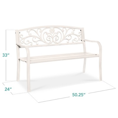 White Steel Outdoor Bench with Floral Backrest Design