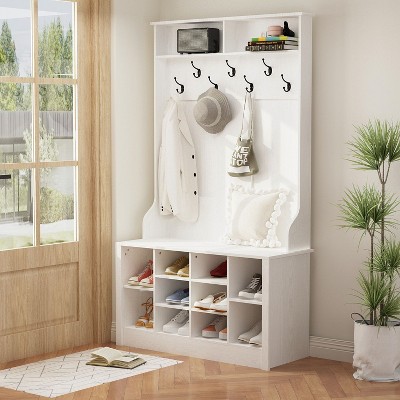 FUFU&GAGA White Wood 3-in-1 Hall Tree Shoe Bench with Hooks and Shelves