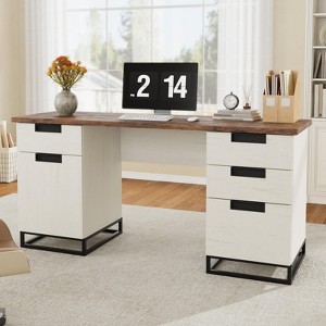 Antique White Farmhouse Office Desk (59") with Embossed Top–4 Drawers & Storage Cabinet, Wooden Teacher Desk for Home Office,Bedroom, or Study - 1 of 4