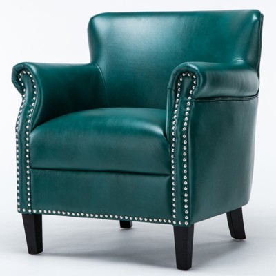 Teal Leather Accent Chair with Wood Frame
