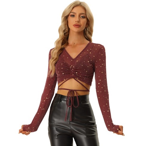 Allegra K Women's Mesh Crop Top Stars Pattern Glitter Sheer See Through  Blouse Black X-small : Target