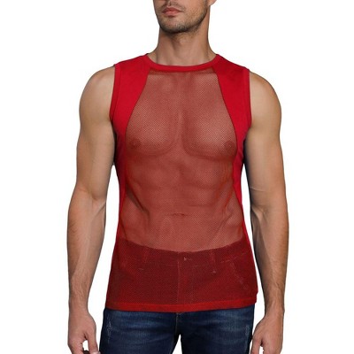 Men's Mesh Sheer Sport Tank Top See Through Sleeveless Tops Shirts for Nightclub Beach Tank Top Sleeveless Muscle Workout Crew Neck Tee Shirt