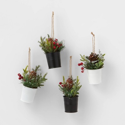 4ct Greenery in Metal Bucket Christmas Ornament Set  Black/White - Wondershop™