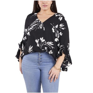 Vince Camuto Womens Printed Floral V Neck Pullover Blouse, Black, 3X - 1 of 1