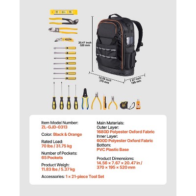 HBEZON 65-Pocket Tear-Resistant Tool Backpack with 21-Piece Tool Set, Ergonomic Design, Holds Up to 70lbs — фото 2