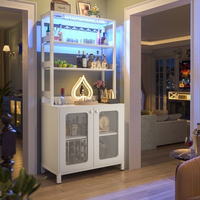 Aheaplus Bar Cabinet with Power Outlets, Wine Bar Cabinet Liquor Cabinet with LED Lights & Glass Holder