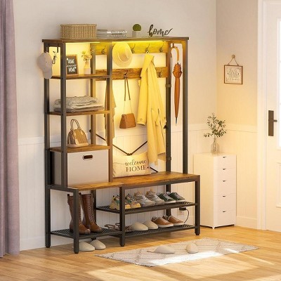 Aheaplus Hall Tree with Fabric Storage Basket, Coat Rack Shoe Bench with side Hook, 6 In 1 Coat Rack with LED light